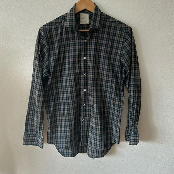 Billy Reid sz M men’s button down plaid shirt navy grey orange green great cond - Picture 1 of 5